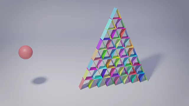 A house of cards struck by a sphere flying along the floor.