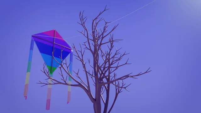 Animated kite blown by the wind and caught on tree branches.
