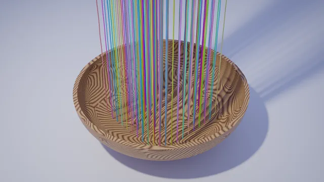 A grid of dangling rod strands settling into an inverted hemispherical bowl.