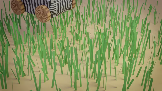 Animated striped zebra car sweeping through a grass field.